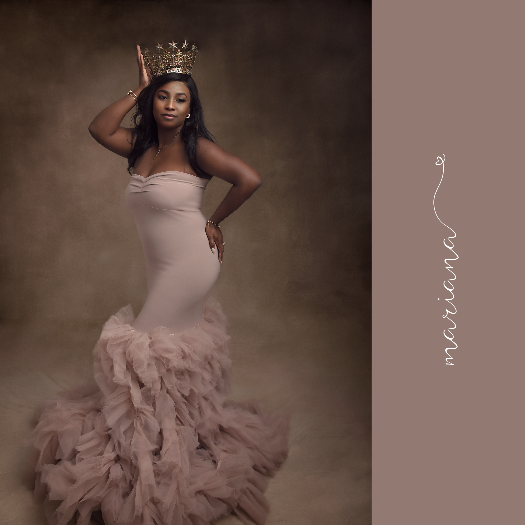 Woman wearing a crown and a blush gown
